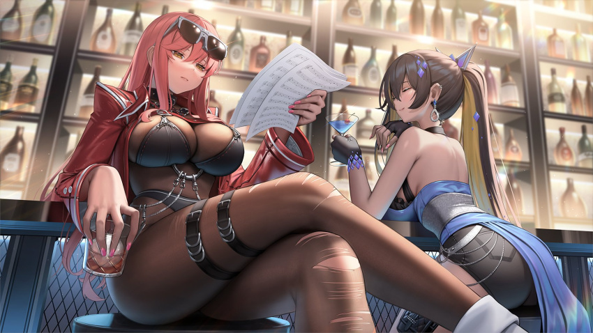 2girls alcohol ass back bangs bar_(place) bare_shoulders bikini black_bikini black_choker black_gloves black_hair black_shorts blush bodysuit bottle breasts brown_bodysuit brown_hair choker cleavage closed_eyes closed_mouth cocktail_glass counter cropped_jacket crossed_legs cup dress drinking_glass ear_piercing earrings eyelashes eyewear_on_head feet_out_of_frame fingerless_gloves fingernails glint gloves goddess_of_victory:_nikke hair_between_eyes hair_ornament hand_up highres holding holding_cup holding_paper ice ice_cube indoors jacket jewelry large_breasts light_particles long_hair long_sleeves multicolored_hair multiple_girls nail_polish noise_(nikke) open_clothes open_jacket paper piercing pink_hair pink_nails ponytail pouch profile red_jacket sheet_music shelf short_shorts shorts sideboob sidelocks sitting smile stool streaked_hair sunglasses suraimu_(suraimuraimu) swimsuit thigh_strap volume_(nikke) yellow_eyes
