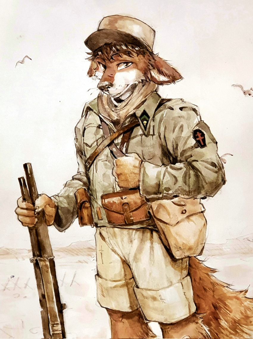 akatan_art ambient_bird ambiguous_gender anthro avian bird black_nose bottomwear brown_body brown_fur brown_hair canid canine cheek_tuft clothed clothing ears_back facial_tuft feral fur glistening glistening_eyes glistening_nose green_clothing green_topwear group gun hair hi_res holding_gun holding_object holding_weapon looking_at_viewer male mammal outside pivoted_ears portrait ranged_weapon short_hair shorts sky smile solo_focus standing tan_bottomwear tan_clothing tan_shorts three-quarter_portrait topwear tuft unsigned weapon white_body white_fur