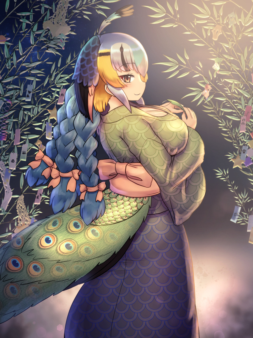 animal_humanoid asian_clothing avian avian_humanoid big_breasts bird bird_humanoid blonde_hair braided_hair breasts brown_eyes cleavage clothed clothing dress east_asian_clothing fan_character feathers female fog galliform galliform_humanoid green_peafowl_(mo23) hair head_wings hi_res humanoid japanese_clothing kemono_friends kimono long_hair mo23 multicolored_hair peafowl_humanoid plant rear_view smile solo turquoise_hair white_hair wings