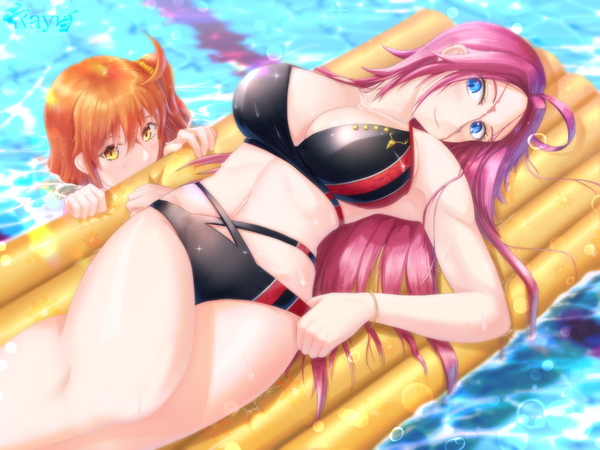 2girls ahoge alternate_costume bikini black_bikini blue_eyes blush breasts brown_eyes cleavage commentary_request fate/grand_order fate_(series) francis_drake_(fate) fujimaru_ritsuka_(female) highres inflatable_raft large_breasts long_hair looking_at_viewer lying midriff multiple_girls navel orange_hair partially_submerged pink_hair pool rayu_(snowwhite_ki) short_hair side_ponytail smile swimsuit very_long_hair water