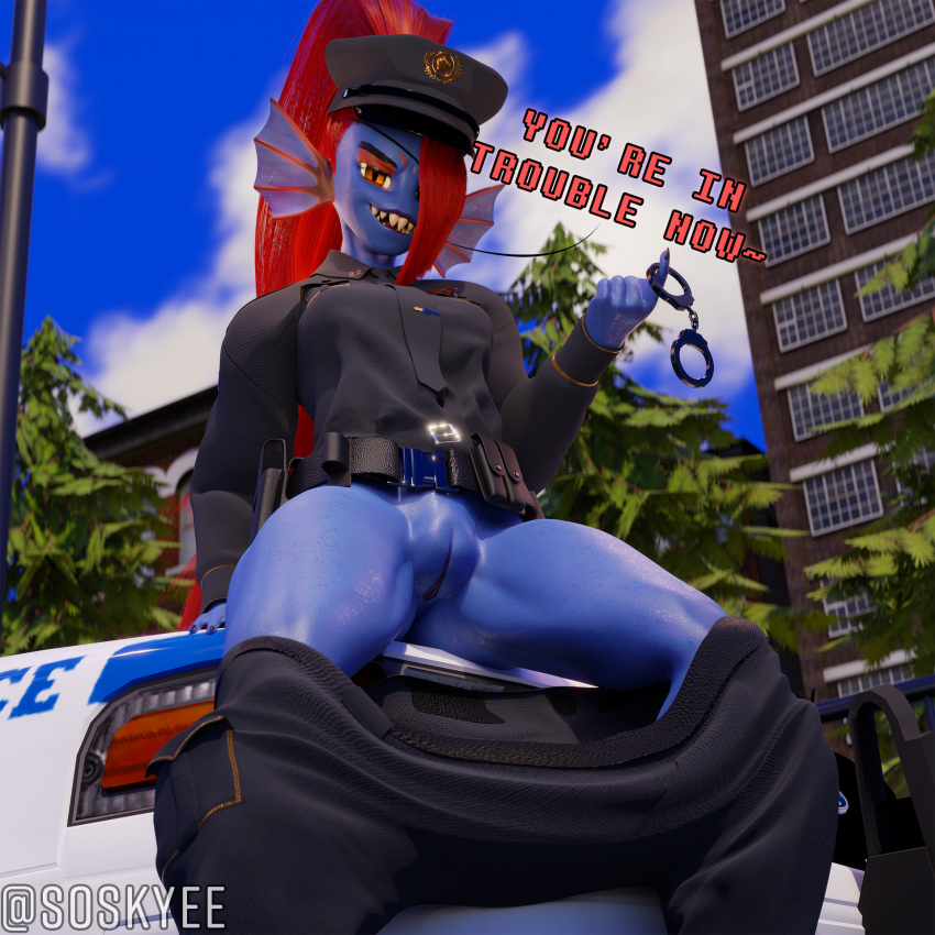 2022 3d_(artwork) anthro car clothed clothing dialogue digital_media_(artwork) english_text female fish front_view genitals hair hi_res humanoid looking_at_viewer marine outside partially_clothed police police_car police_uniform public public_nudity pussy smile solo soskyee teeth text topwear undertale undertale_(series) undyne uniform vehicle video_games