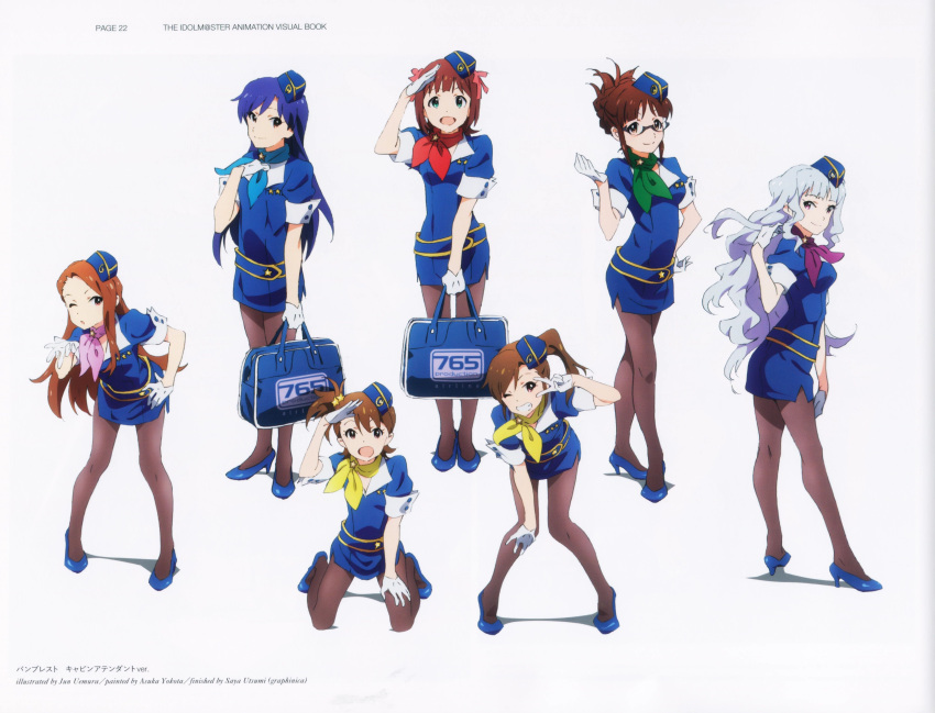 6+girls ;d absurdres akizuki_ritsuko amami_haruka artist_name blue_hair blue_headwear blue_jacket blue_scarf blue_skirt brown_eyes brown_hair brown_pantyhose closed_mouth copyright_name flight_attendant full_body futami_ami futami_mami glasses gloves green_eyes green_scarf grin hair_ribbon hand_on_lap hand_on_own_knee hat highres holding idolmaster jacket kisaragi_chihaya kneeling leaning_forward long_hair looking_at_viewer minase_iori mini_hat miniskirt multiple_girls official_art one_eye_closed one_side_up open_mouth page_number pantyhose pencil_skirt pink_scarf purple_skirt red_eyes red_ribbon red_scarf ribbon scarf shijou_takane shiny shiny_hair short_hair short_sleeves side_ponytail skirt smile standing travel_attendant uemura_jun uniform updo v_over_eye very_long_hair white_background white_gloves white_hair yellow_scarf