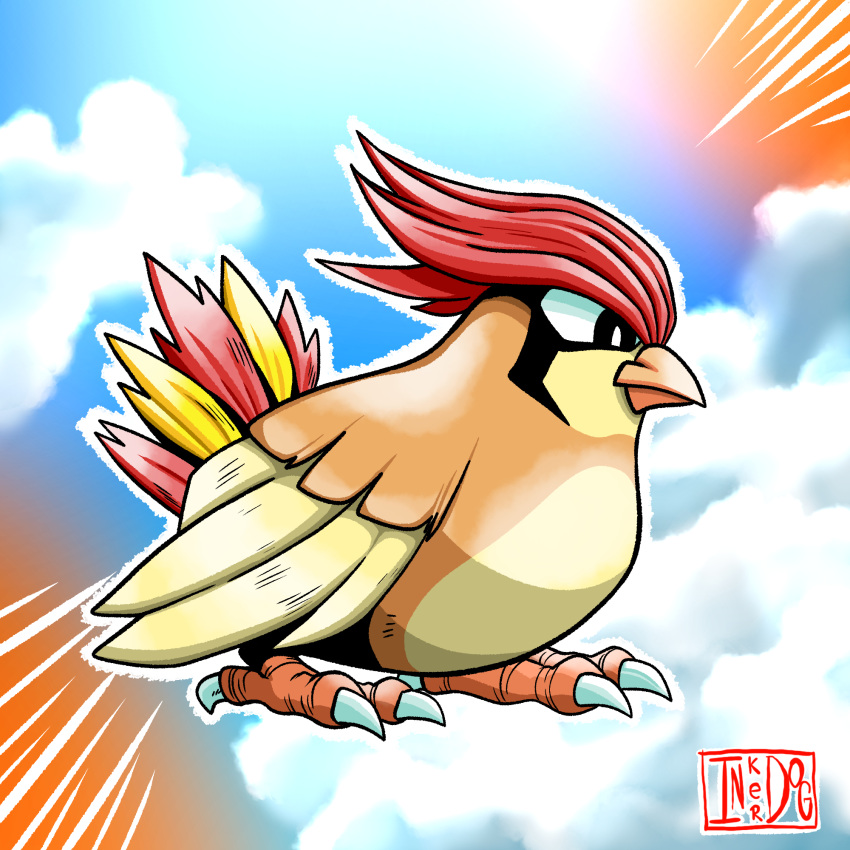 artist_logo artist_name beak bird bird_legs bird_wings blue_sky bright_pupils claws closed_mouth cloud colored_skin feathered_wings feathers full_body highres inker_dog monster no_humans outline pidgeotto pokemon pokemon_(creature) pokemon_(game) red_hair self_upload sky solo tail tail_feathers white_outline white_pupils wings