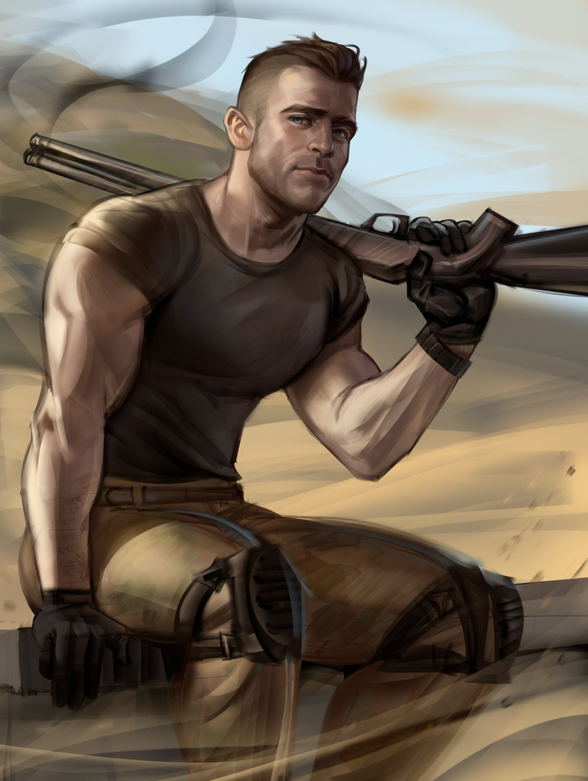 1boy black_gloves black_hair black_shirt brown_pants call_of_duty call_of_duty:_modern_warfare_2 facial_hair gloves gun highres holding holding_gun holding_weapon knee_pads large_pectorals male_focus muscular muscular_male outdoors pants pectorals sasha_shkret shirt short_hair sitting soap_(modern_warfare_2) solo weapon