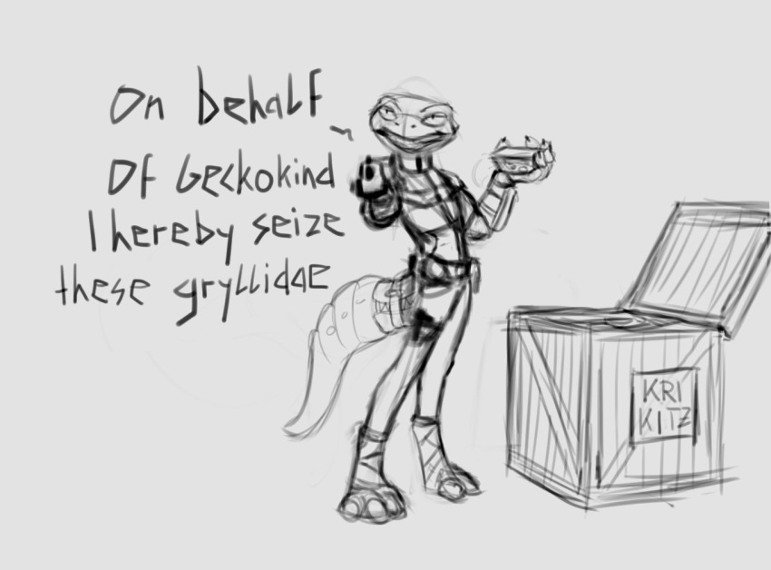 accessory anthro belt clothed clothing crate full-length_portrait furgonomics gun holding_gun holding_object holding_weapon kiva~ legwear male monochrome narrowed_eyes portrait ranged_weapon scalie simple_background solo standing tail_accessory tail_belt topwear unsigned weapon