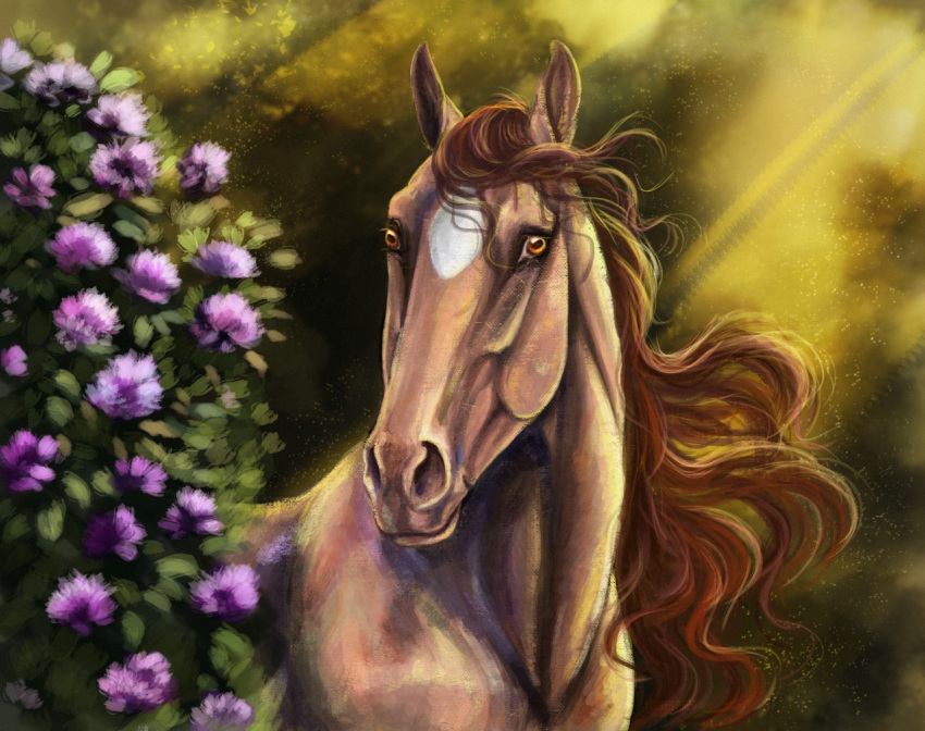 ambiguous_gender digital_media_(artwork) equid equine facial_markings feral flower hair head_markings horse light light_beam looking_at_viewer mammal markings pearl_(wasen) plant solo sunbeam sunlight tan_body tan_hair voronasasha