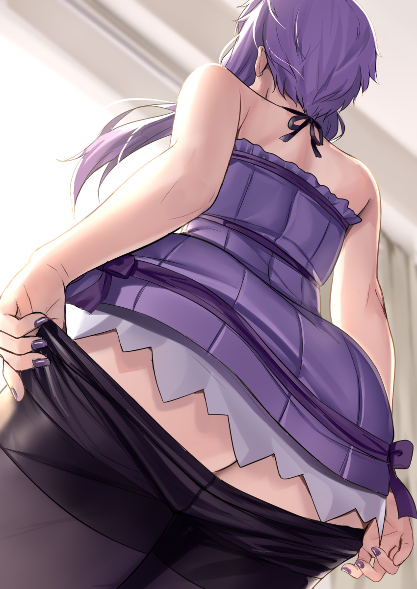 1girl absurdres ass bare_arms bare_shoulders black_pantyhose clothes_pull dress from_behind from_below highres indoors nail_polish no_panties pantyhose pantyhose_pull purple_dress purple_hair short_dress short_hair_with_long_locks sidelocks solo tenneko_yuuri thighband_pantyhose undressing voiceroid yuzuki_yukari