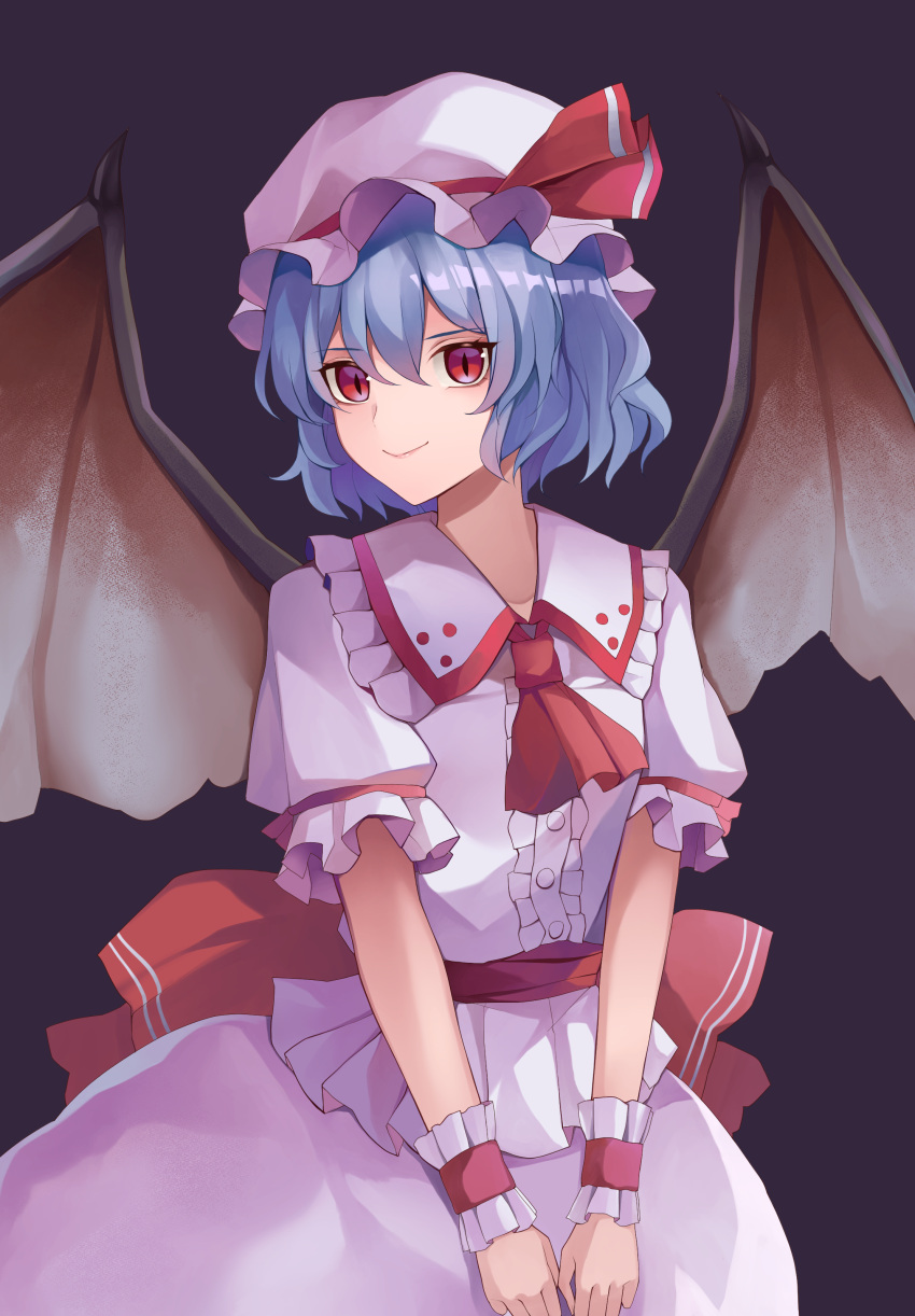 1girl absurdres ascot bangs bat_wings black_background blue_hair closed_mouth collarbone cowboy_shot hat hat_ribbon highres koizumo mob_cap pink_headwear pink_shirt pink_skirt red_ascot red_eyes red_ribbon remilia_scarlet ribbon shirt short_hair short_sleeves simple_background skirt smile solo standing touhou v_arms wings wrist_cuffs