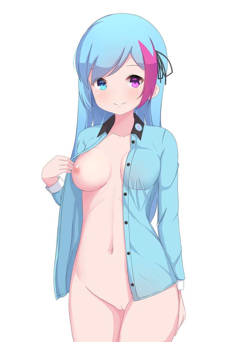 1girl 9b9t absurdres blue_eyes blue_hair blue_shirt blush breasts heterochromia highres medium_breasts multicolored_hair nude original pink_eyes pink_hair pussy shirt smile unbuttoned unbuttoned_shirt uncensored