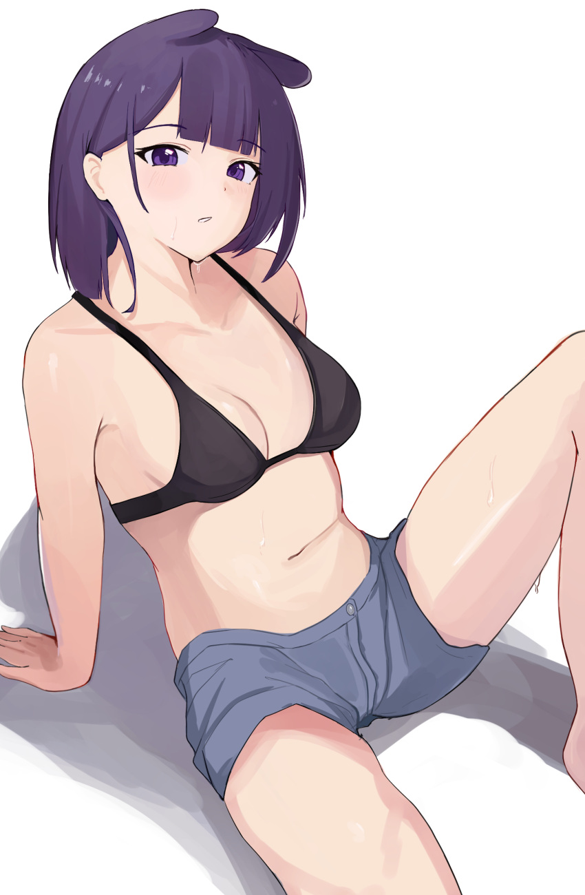 1girl arm_support bangs black_bra blue_shorts blunt_bangs blush bra breasts highres hololive hololive_english koupi_(ku_roiko) ku_roiko medium_breasts medium_hair navel parted_lips purple_eyes purple_hair shorts simple_background sitting solo sweat takodachi_(ninomae_ina'nis) teeth underwear white_background