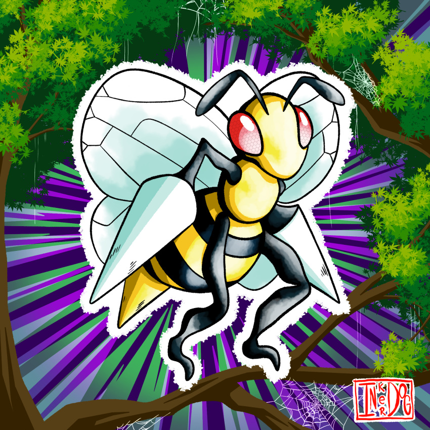 antennae artist_logo artist_name bee bee_print bee_wings beedrill branch bug colored_skin compound_eyes full_body highres inker_dog leaf monster no_humans outline pokemon pokemon_(creature) pokemon_(game) purple_background red_eyes self_upload silk solo spider_web stinger tree white_outline yellow_skin