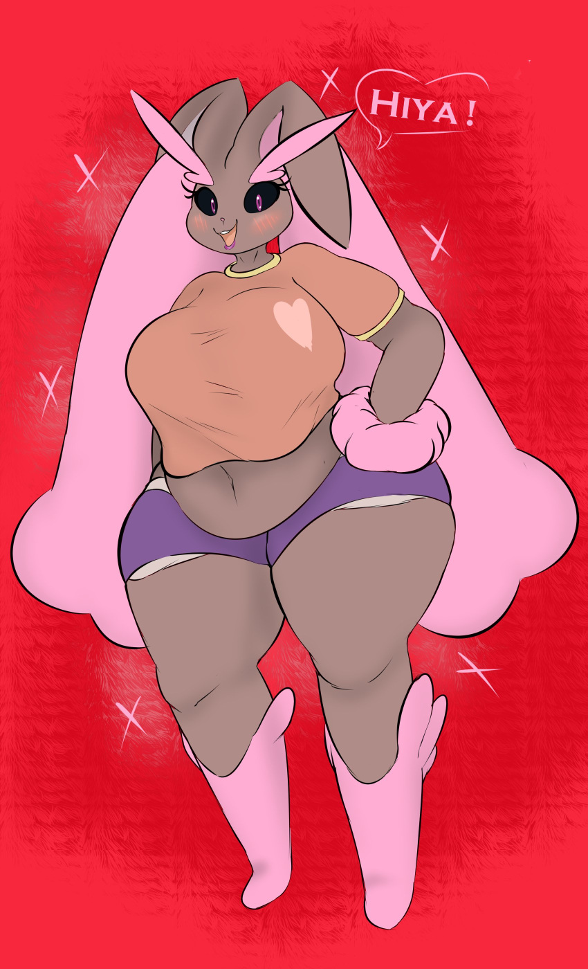 &lt;3 absurd_res animal_humanoid anthro belly big_breasts black_sclera blush bottomwear breasts buckteeth clothed clothing curvy_figure fan_character female generation_4_pokemon hand_on_hip hi_res hotpants huge_thighs humanoid lagomorph lagomorph_humanoid lipstick looking_at_viewer loose_shirt lopunny makeup mammal mammal_humanoid mature_female milfpunny navel nintendo open_mouth plantedpot pokemon pokemon_(species) pseudo_clothing purple_eyes purple_lipstick shiny_pokemon shorts simple_background slightly_chubby solo sparkles teeth text thick_thighs video_games voluptuous wide_hips