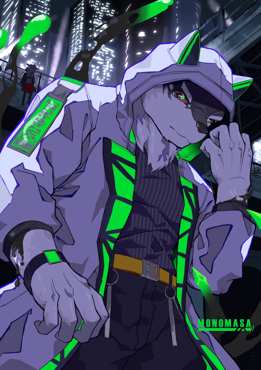 anthro city city_background clothing green_eyes hi_res hoodie jacket lifewonders live-a-hero looking_at_viewer male maro_repechage monomasa muscular muscular_anthro muscular_male pecs red_sclera tentacles topwear video_games