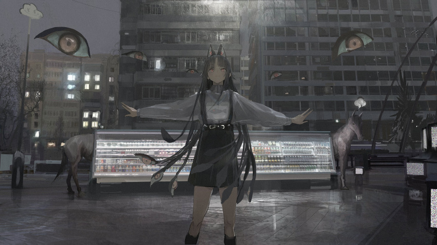 1girl animal_ears bangs black_hair building disembodied_eye highres horse long_hair looking_at_viewer original outdoors outstretched_arms paindude red_eyes shirt skirt solo spread_arms standing white_shirt