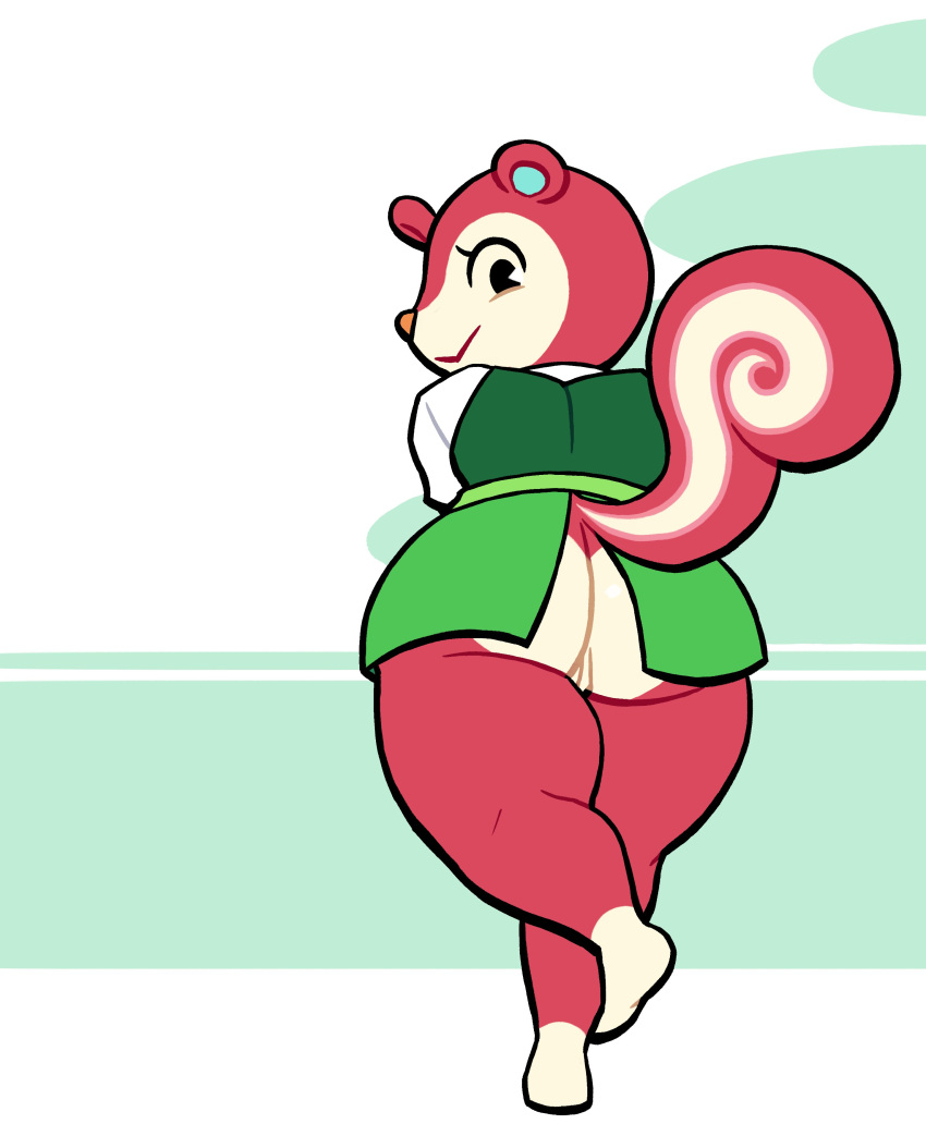 absurd_res animal_crossing anthro beady_eyes big_butt black_eyes bottomwear butt butt_heart clothing dipstick_limbs eyelashes female fur genitals green_background green_bottomwear green_clothing green_skirt green_topwear green_vest hi_res looking_at_viewer looking_back looking_back_at_viewer lovetopullmicke mammal nintendo pink_body pink_fur poppy_(animal_crossing) pussy rodent sciurid shirt simple_background skirt solo thick_thighs topwear tree_squirrel vest video_games white_background white_body white_clothing white_fur white_shirt white_topwear wide_hips