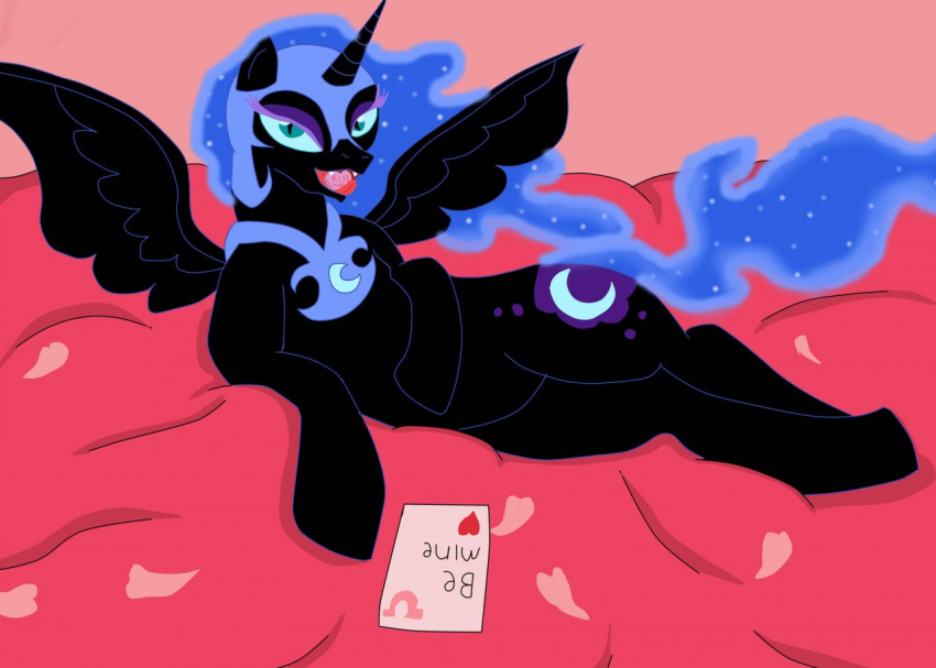 2016 armor bedroom_eyes black_body candy card cutie_mark dessert equid equine fangs female feral flower_petals food friendship_is_magic half-closed_eyes hasbro headgear helmet holidays hooves horn horse jimfoxx looking_at_viewer lying mammal my_little_pony narrowed_eyes nightmare_moon_(mlp) on_side open_mouth petals pony rose_petals seductive smile smiling_at_viewer solo text tongue unicorn_horn valentine's_day winged_unicorn wings