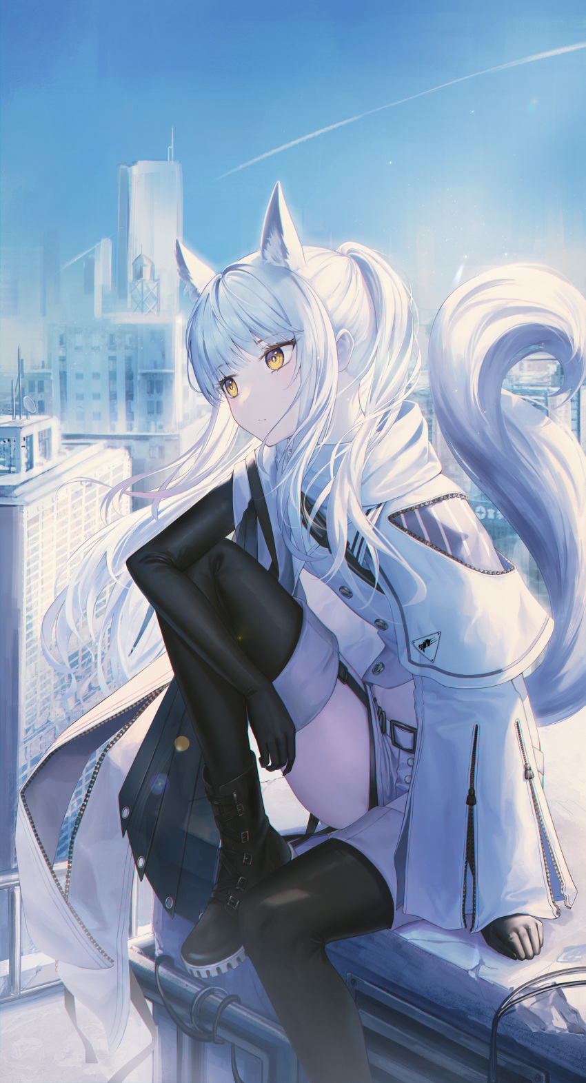 1girl absurdres animal_ears arknights bangs black_footwear black_gloves black_thighhighs coat day elbow_gloves extra_ears flippy_(cripine111) floating_hair garter_straps gloves highres horse_ears horse_girl horse_tail long_hair long_sleeves outdoors platinum_(arknights) sitting solo tail thighhighs white_coat white_hair yellow_eyes