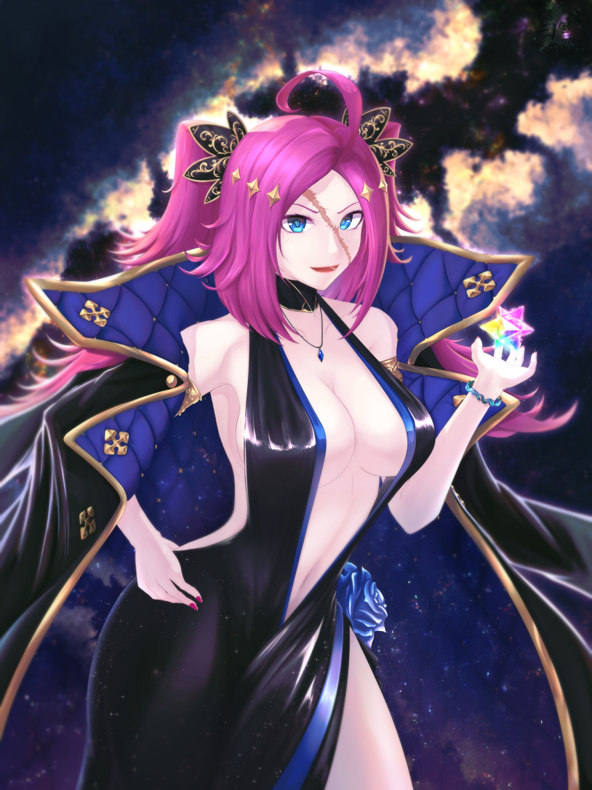 1girl absurdres alternate_costume bare_shoulders black_coat black_dress bracelet breasts cleavage coat coat_on_shoulders collarbone dress fate/grand_order fate_(series) francis_drake_(fate) gem hair_ornament highres holding holding_gem jewelry large_breasts navel necklace pink_hair plunging_neckline ponytail rayu_(snowwhite_ki) saint_quartz_(fate) scar scar_on_face side_slit sleeveless sleeveless_dress solo