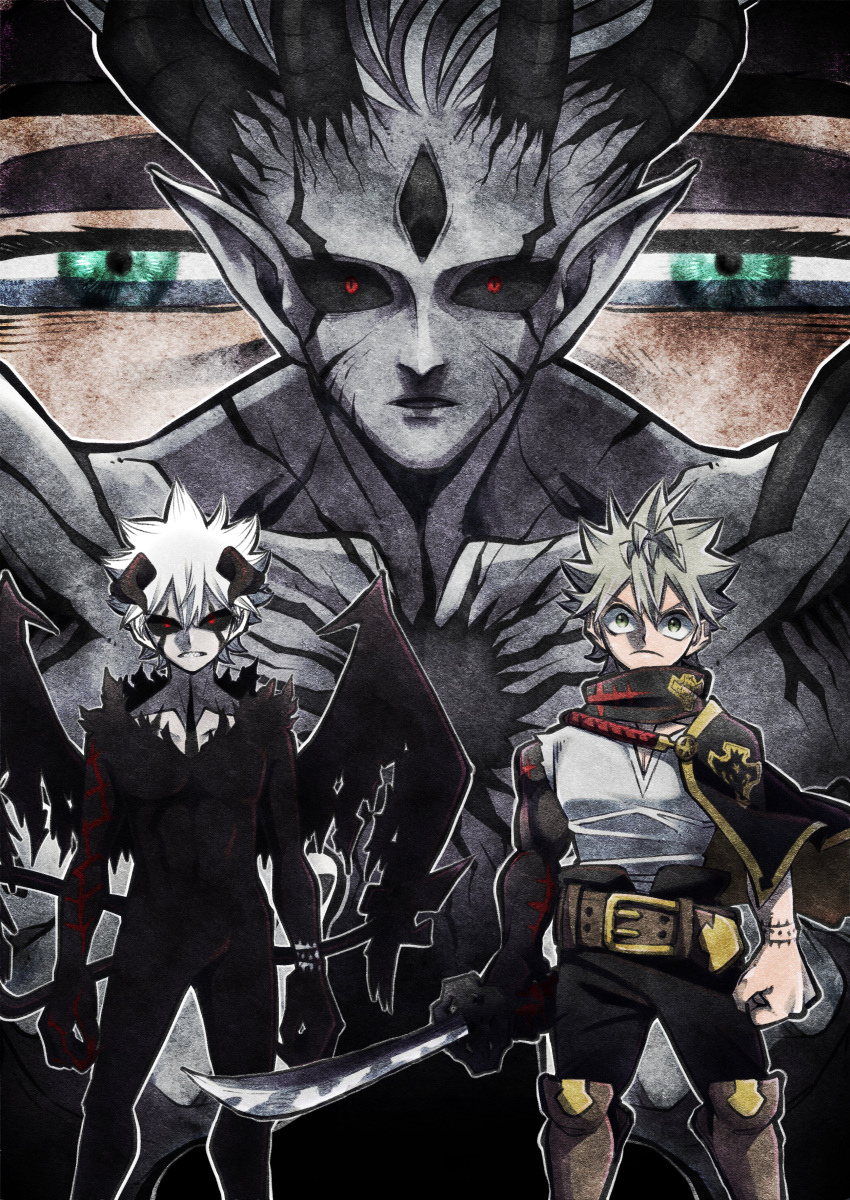 absurdres ahoge arm_tattoo asta_(black_clover) black_bull_(emblem) black_capelet black_clover black_sclera capelet colored_sclera demon_horns demon_tail demon_wings green_eyes grey_hair highres holding holding_sword holding_weapon horns katana liebe_(black_clover) looking_at_viewer red_eyes shirt spiked_hair sword tail tarou_tanaka_01 tattoo weapon white_hair white_shirt wings
