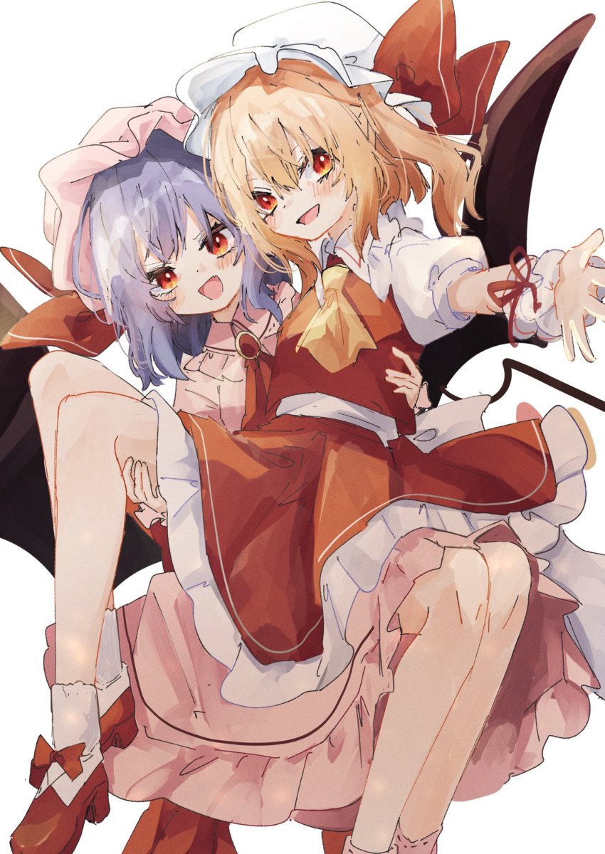 2girls :d ascot bat_wings blonde_hair blush bow brooch carrying commentary flandre_scarlet footwear_bow frilled_shirt_collar frilled_skirt frills hair_between_eyes hat hat_bow highres jewelry looking_at_viewer medium_hair mob_cap multiple_girls open_mouth pink_headwear pink_shirt pink_skirt princess_carry puffy_short_sleeves puffy_sleeves purple_hair red_ascot red_bow red_eyes red_footwear red_ribbon red_skirt red_vest remilia_scarlet ribbon sabatuki shirt shoes short_sleeves siblings simple_background sisters skirt skirt_set smile socks touhou vest white_background white_headwear white_shirt white_socks wings wrist_cuffs yellow_ascot