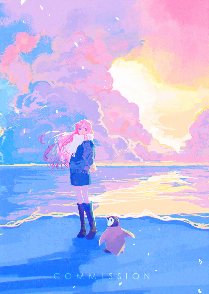 1girl bird blue_coat boots coat commission highres knee_boots long_hair looking_at_viewer ocean original outdoors penguin pink_hair red_eyes scarf scenery skirt sky standing tabi_(tabisumika) twilight white_scarf