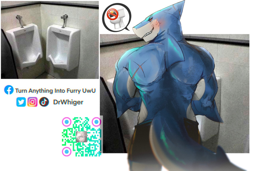 anthro bathroom blush bottomwear bottomwear_only clothing cross-popping_vein depth_of_field dorsal_fin dr.whiger embarrassed emoji fin fish furgonomics gills hi_res humor looking_at_viewer looking_back male marine muscular muscular_anthro muscular_male narrowed_eyes public_restroom scar shark solo urinal voyeur_pov