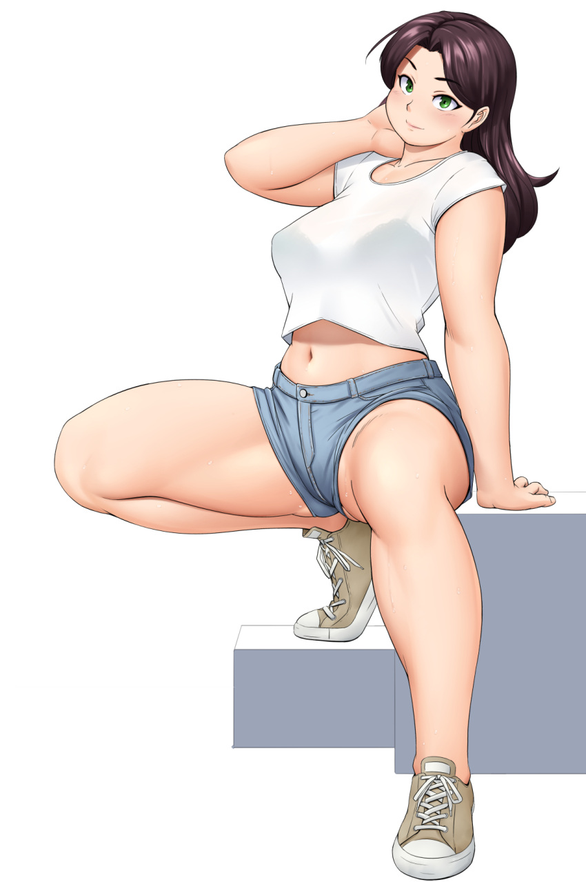 1girl adjusting_hair arm_support bra_visible_through_clothes breasts collarbone commentary_request curvy denim denim_shorts full_body green_eyes hair_behind_ear highres lips long_hair looking_at_viewer medium_breasts midriff nemui333 original shirt shoes short_shorts shorts simple_background smile sneakers solo spread_legs squatting sweat t-shirt thick_thighs thighs white_background white_shirt