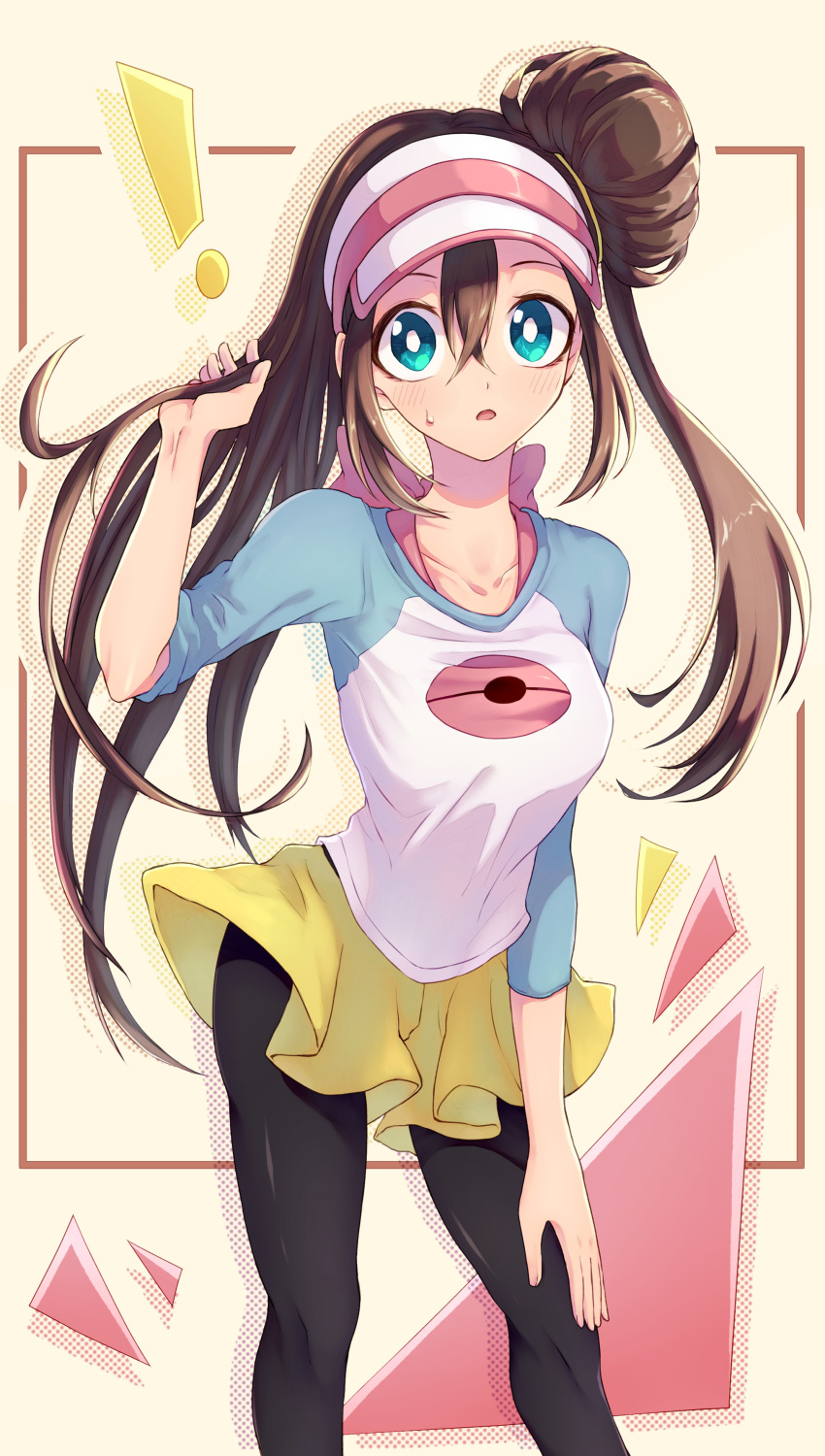 ! 1girl absurdres black_pantyhose blush bow breasts bright_pupils brown_hair collarbone commentary_request framed green_eyes hair_bun highres katuobushi04 legwear_under_shorts long_hair looking_at_viewer pantyhose pink_bow pokemon pokemon_(game) pokemon_bw2 raglan_sleeves rosa_(pokemon) shirt short_shorts shorts single_hair_bun solo sweatdrop very_long_hair visor_cap white_pupils yellow_shorts