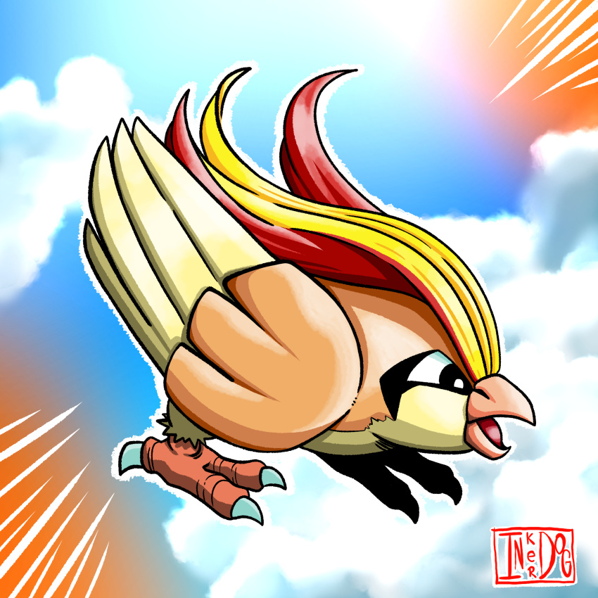 artist_logo artist_name beak bird bird_legs bird_wings blonde_hair blue_sky bright_pupils claws cloud colored_skin feathered_wings feathers full_body highres inker_dog monster no_humans open_mouth outline pidgeot pokemon pokemon_(creature) pokemon_(game) red_hair self_upload sky solo white_outline white_pupils wings