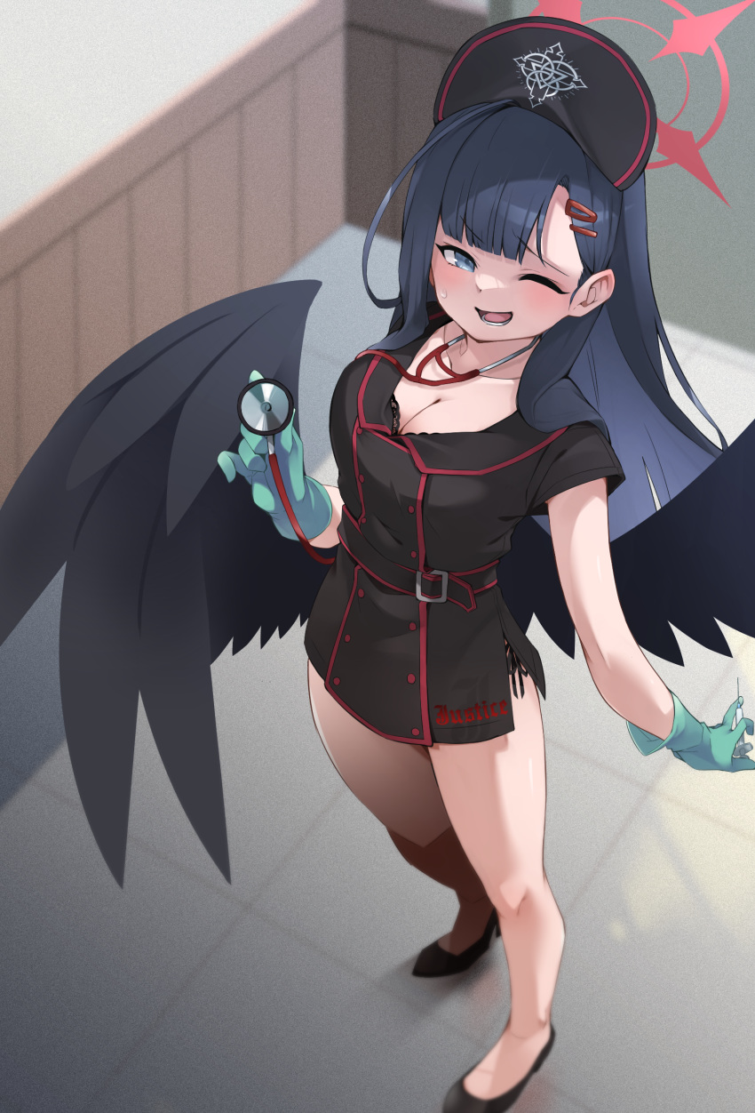 1girl ;d alternate_costume bangs black_hair black_wings blue_archive blue_eyes blue_gloves blunt_bangs blurry breasts cleavage collarbone commentary_request datemegane depth_of_field english_text feathered_wings fisheye from_above gloves hair_ornament hairclip halo hat highres holding_stethoscope ichika_(blue_archive) indoors long_hair looking_at_viewer nurse nurse_cap one_eye_closed panties side-tie_panties sidelocks smile solo stethoscope underwear wings