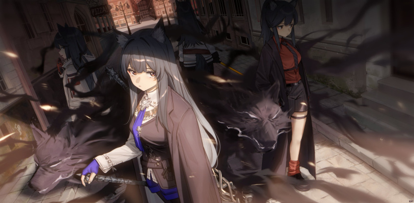 4girls animal animal_ears arknights black_coat black_footwear black_pantyhose black_shorts black_vest blue_necktie blue_shorts breasts brown_eyes coat coat_on_shoulders collared_shirt dress_jacket dress_shirt extra_ears fur-trimmed_coat fur-trimmed_hood fur_trim gloves green_necktie highres hood hood_down hooded_coat jacket lamppost lapels long_sleeves looking_at_viewer medium_breasts multiple_girls multiple_persona necktie open_clothes open_coat pantyhose pantyhose_under_shorts ponytail red_gloves red_shirt red_socks road shirt shoes shorts sidelocks sideways_glance socks songchuan_li street tail texas_(arknights) texas_(willpower)_(arknights) texas_(winter_messenger)_(arknights) texas_the_omertosa_(arknights) thigh_strap vest white_coat white_jacket white_shirt winter_clothes winter_coat wolf wolf_ears wolf_girl wolf_tail