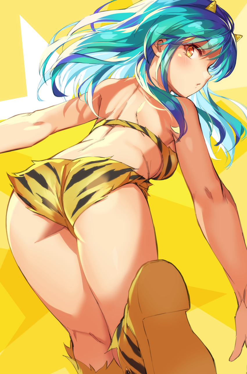 1girl animal_print ass back bangs bare_shoulders bikini blush closed_mouth from_behind green_hair highres horns long_hair looking_at_viewer looking_back lum michairu oni oni_horns print_bikini print_footwear shoulder_blades solo strapless strapless_bikini swimsuit tiger_print urusei_yatsura yellow_bikini yellow_eyes