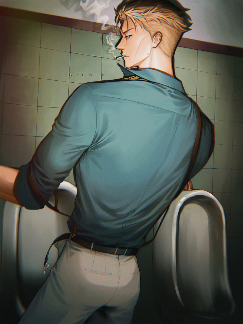 1boy absurdres ass bathroom belt blonde_hair blue_shirt cigarette cowboy_shot grey_pants highres indoors jujutsu_kaisen long_sleeves looking_at_viewer male_focus mouth_hold nanami_kento nthndn open_belt pants shirt smoking solo standing suspenders undercut urinal