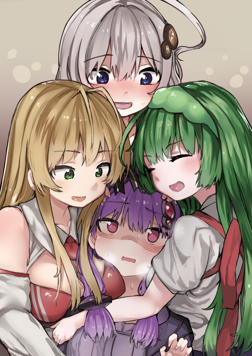 4girls ^_^ ahoge antenna_hair bangs bare_shoulders blonde_hair blush breasts breath cleavage closed_eyes collarbone fingernails girl_sandwich gradient gradient_background green_eyes green_hair green_hairband grey_hair hair_between_eyes hair_intakes hair_ornament hairband hand_on_another's_head hand_up highres hug japanese_clothes kizuna_akari long_hair looking_at_another low_twintails medium_breasts microa multiple_girls necktie no_pupils nose_blush open_mouth pink_eyes purple_eyes purple_hair red_necktie sandwiched short_necktie short_sleeves sweat touhoku_zunko tsurumaki_maki twintails vocaloid voiceroid yuzuki_yukari