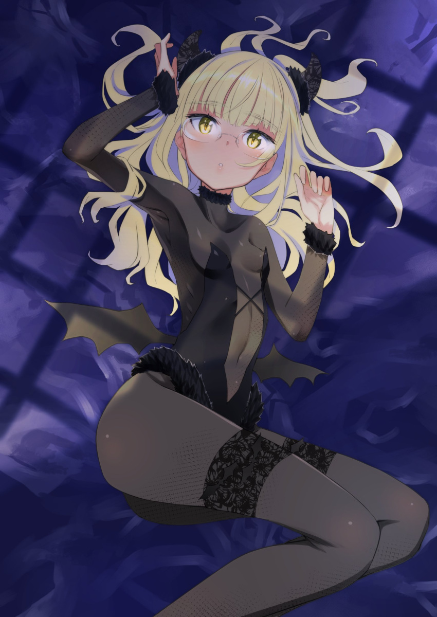 1girl absurdres aohashi_ame armpits black_bodysuit black_leotard blonde_hair blush bodysuit breasts collarbone costume demon_costume demon_girl fake_horns fake_wings glasses highres horns leotard long_hair navel open_mouth perrine_h._clostermann shiny shiny_hair shiny_skin small_breasts solo strike_witches wings world_witches_series yellow_eyes