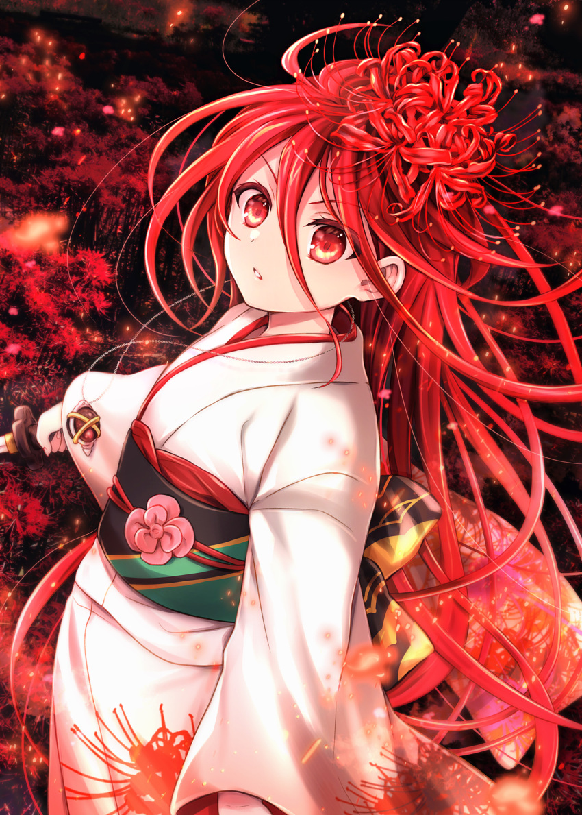 1girl bangs commentary_request flower hair_between_eyes hair_flower hair_ornament highres holding holding_sword holding_weapon japanese_clothes katana kimono long_hair long_sleeves looking_at_viewer obi parted_lips red_eyes red_flower red_hair sash shakugan_no_shana shana solo spider_lily sword tachitsu_teto v-shaped_eyebrows very_long_hair weapon white_kimono