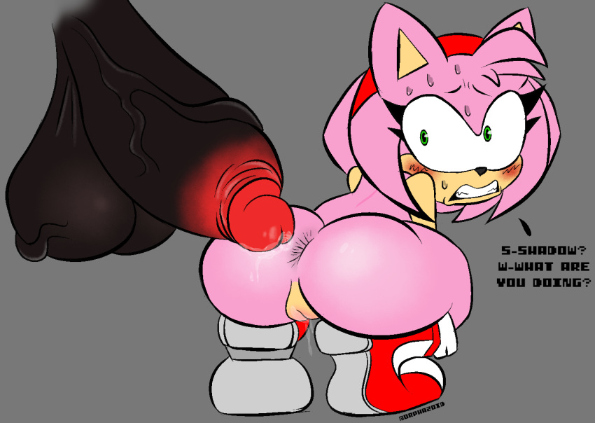 amy_rose anthro balls big_balls big_penis black_penis blush bodily_fluids boots boots_only butt clothing digital_media_(artwork) duo erection eulipotyphlan female footwear footwear_only fur genital_fluids genitals green_eyes hair hedgehog huge_penis hyper hyper_genitalia hyper_penis imminent_sex male male/female mammal mostly_nude nude orphazoid penis pink_body pussy questionable_consent sega shadow_the_hedgehog simple_background sonic_the_hedgehog_(series) text worried