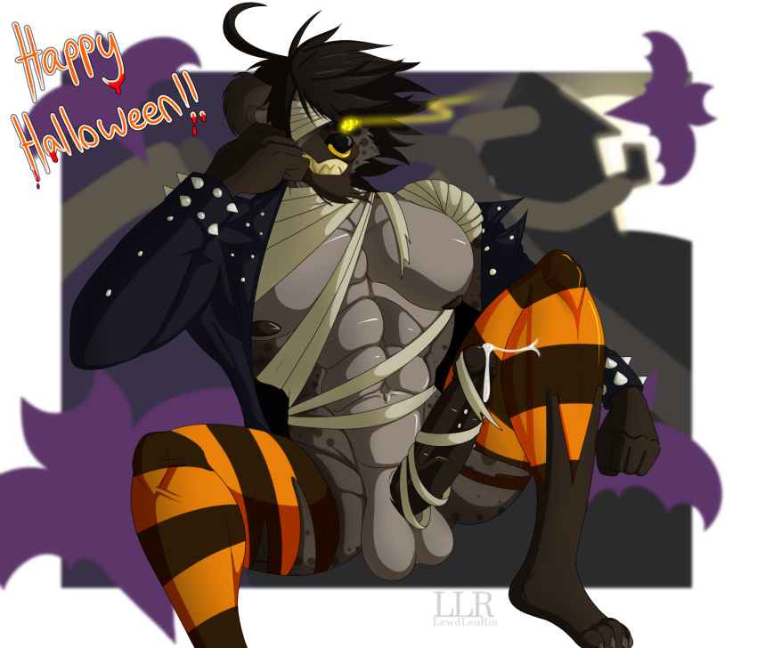 abs anthro balls bandage bat_wings bodily_fluids bottomless bottomless_male brown_body brown_fur clothed clothing costume cum cum_on_penis cum_string digital_media_(artwork) erection facial_piercing fur genital_fluids genital_piercing genitals glowing glowing_eyes grin hair halloween hi_res holidays humanoid_genitalia humanoid_penis hyaenid jacket klr-rio leather leather_clothing leather_jacket leather_topwear legwear looking_at_viewer male mammal membrane_(anatomy) membranous_wings muscular muscular_anthro muscular_male nipples nose_piercing nose_ring open_clothing open_jacket open_topwear penis penis_piercing piercing radi_(klr-rio) ring_piercing sitting smile solo spots spotted_hyena stockings studded_jacket topwear torn_clothing wings