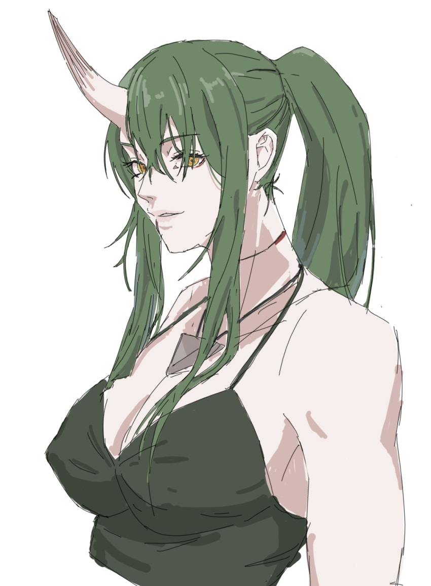 1girl arknights bangs bare_shoulders breasts cleavage ganamiya8 green_hair green_tank_top halterneck high_ponytail highres horns hoshiguma_(arknights) jewelry large_breasts neck_ribbon necklace oni_horns ribbon sidelocks single_horn skin-covered_horns tank_top white_background yellow_eyes