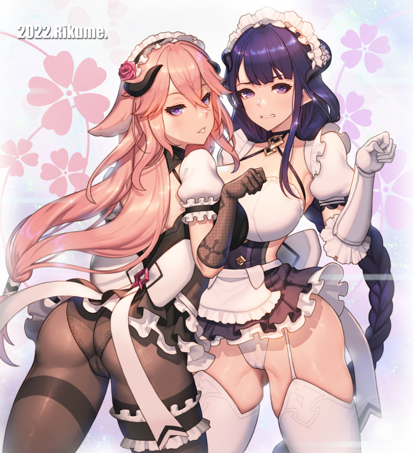 2022 2girls alternate_costume animal_ears apron artist_name ass black_gloves black_pantyhose braid braided_ponytail breasts cameltoe company_connection cosplay crossover dress elysia_(honkai_impact) elysia_(miss_pink_elf)_(honkai_impact) elysia_(miss_pink_elf)_(honkai_impact)_(cosplay) enmaided flower fox_ears frilled_dress frills garter_belt genshin_impact gloves hair_flower hair_ornament highres honkai_(series) honkai_impact_3rd large_breasts long_hair looking_at_viewer looking_back maid maid_apron mihoyo multiple_girls panties pantyhose parted_lips pink_hair purple_eyes purple_flower purple_hair purple_rose raiden_shogun rikume rita_rossweisse rita_rossweisse_(umbral_rose) rita_rossweisse_(umbral_rose)_(cosplay) rose short_sleeves thighhighs underwear white_background white_gloves white_panties white_pantyhose white_thighhighs yae_miko