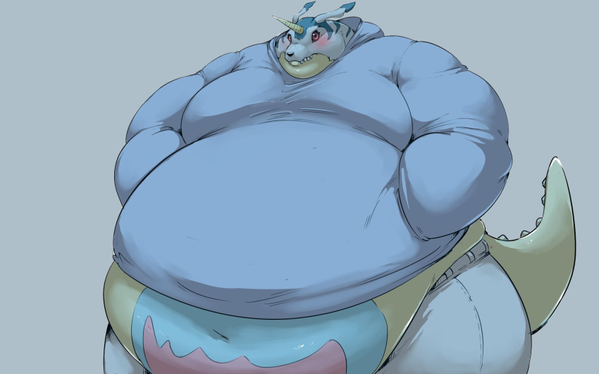 2020 animal_skin anthro bandai_namco belly belly_overhang belly_squish big_belly big_butt big_moobs blue_clothing blue_hoodie blue_stripes blue_topwear blush bottomwear butt chubby_cheeks clothing cute_fangs digimon digimon_(species) double_chin fat_arms fat_rolls fur gabumon hand_in_pocket hi_res hoodie horn hyper hyper_belly lookin_at_viewer male moobs navel obese orange_eyes overweight pants pockets portrait saintdraconis shy simple_background solo squish standing stripes thick_arms thick_thighs three-quarter_portrait tight_clothing topwear white_body white_fur wide_hips yellow_body