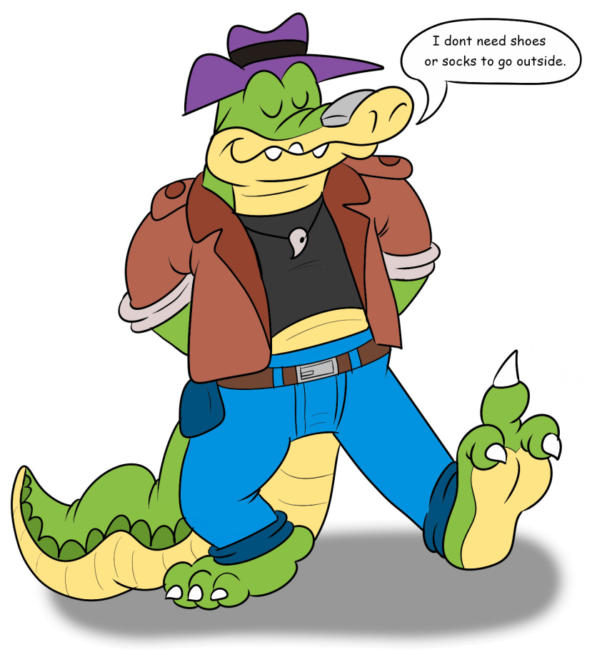 2022 alligator alligatorid anthro bottomwear brok_(character) brok_the_investigator clothing crocodilian dialogue english_text eyes_closed feet green_body hat headgear headwear hi_res jolly_the_lizard jollyville pants reptile scalie shirt solo text topwear video_games