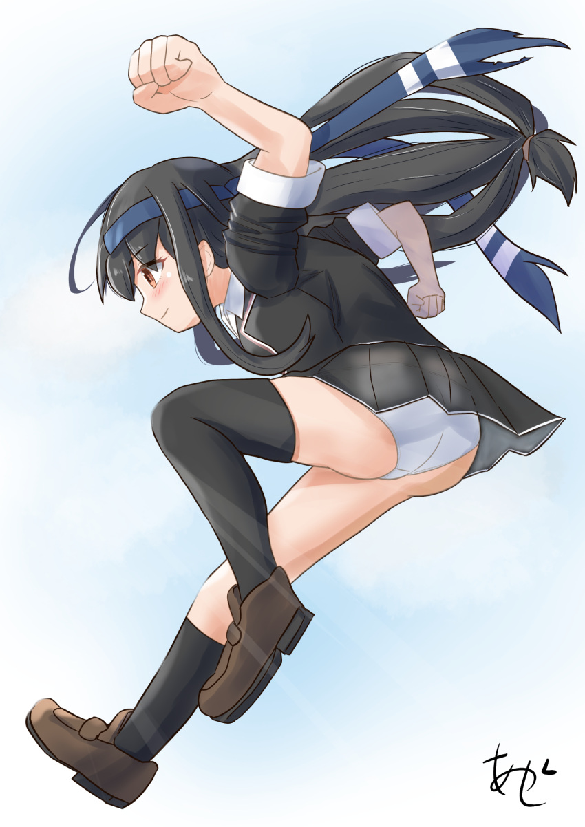 1girl akashieru ass asymmetrical_legwear black_hair black_skirt blazer blue_background blue_headband brown_eyes collared_shirt gradient gradient_background hatsushimo_(kancolle) hatsushimo_kai_ni_(kancolle) headband highres jacket jumping junes kantai_collection kneehighs long_hair looking_at_viewer looking_back low-tied_long_hair panties pink_background shirt single_kneehigh single_sock single_thighhigh skirt socks solo thighhighs two-tone_background underwear uneven_legwear white_panties white_shirt