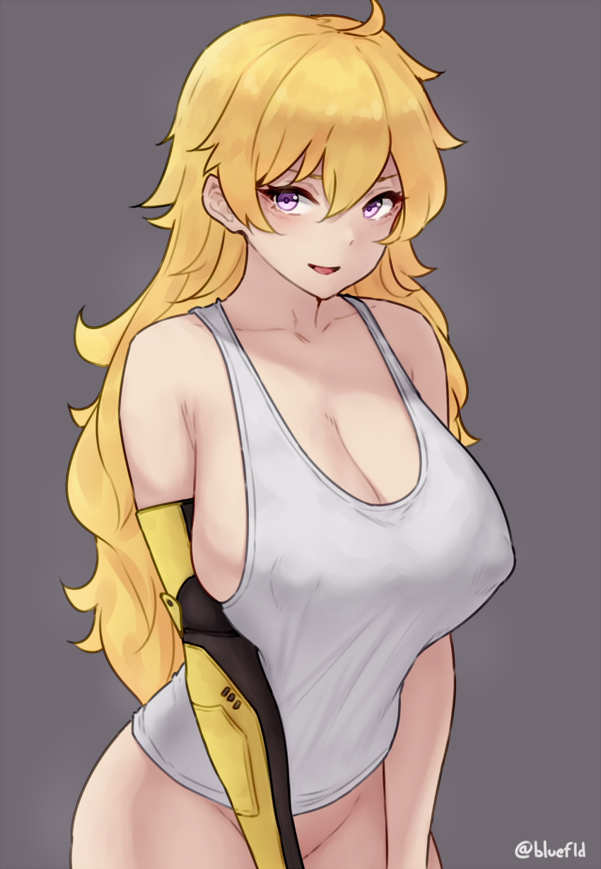 1girl ahoge blonde_hair bluefield bottomless breasts cleavage covered_nipples grey_background groin highres large_breasts long_hair looking_at_viewer parted_lips prosthesis prosthetic_arm purple_eyes rwby simple_background smile solo tank_top twitter_username wavy_hair white_tank_top yang_xiao_long