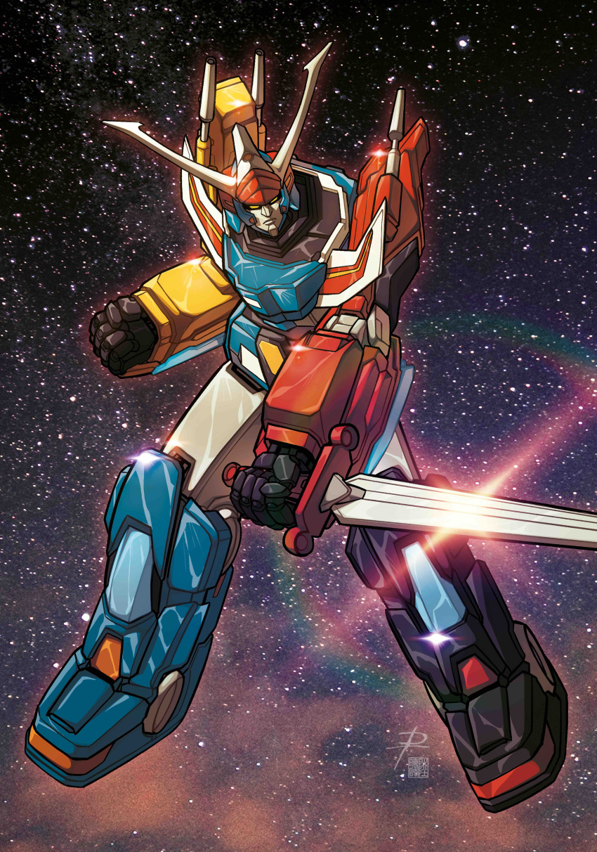 absurdres baxingar clenched_hand daniele_rudoni full_body ginga_reppuu_baxingar glint highres holding holding_sword holding_weapon looking_at_viewer mecha no_humans pierucciniriccardo robot sky solo space star_(sky) starry_sky sword weapon yellow_eyes