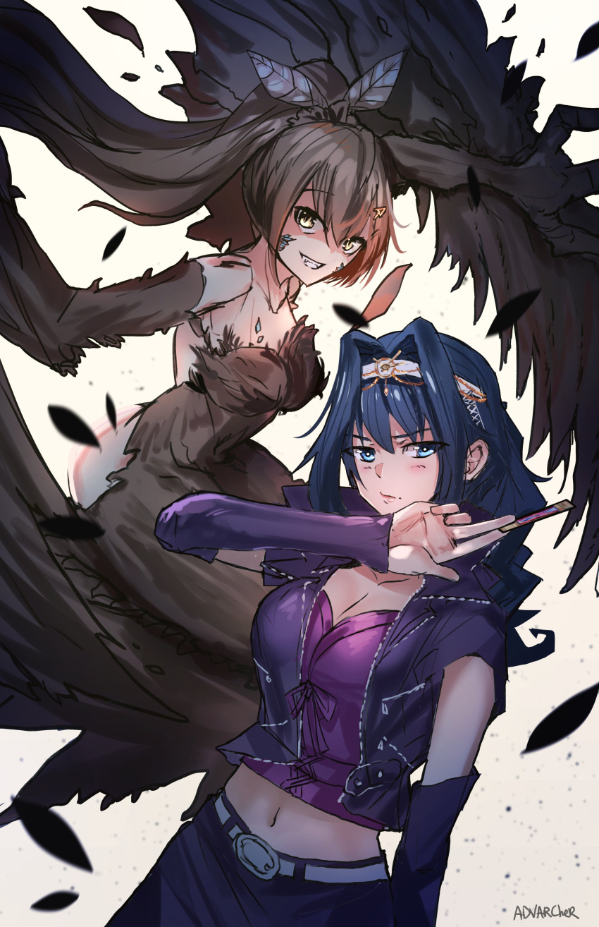 2girls absurdres anonamos artist_name black_hair blue_eyes blue_hair breasts brown_fur brown_hair card card_(medium) cleavage commentary cosplay duel_monster elbow_gloves english_commentary feather_hair_ornament feathered_wings feathers fur gloves hair_ornament hairpin harpie_lady harpy highres holding holding_card hololive hololive_english jacket kujaku_mai kujaku_mai_(cosplay) large_breasts long_hair looking_at_viewer monster_girl multicolored_hair multiple_girls nanashi_mumei ouro_kronii ponytail purple_gloves purple_jacket purple_skirt short_hair skirt sleeveless sleeveless_jacket streaked_hair vest virtual_youtuber wings yellow_eyes yu-gi-oh! yu-gi-oh!_duel_monsters