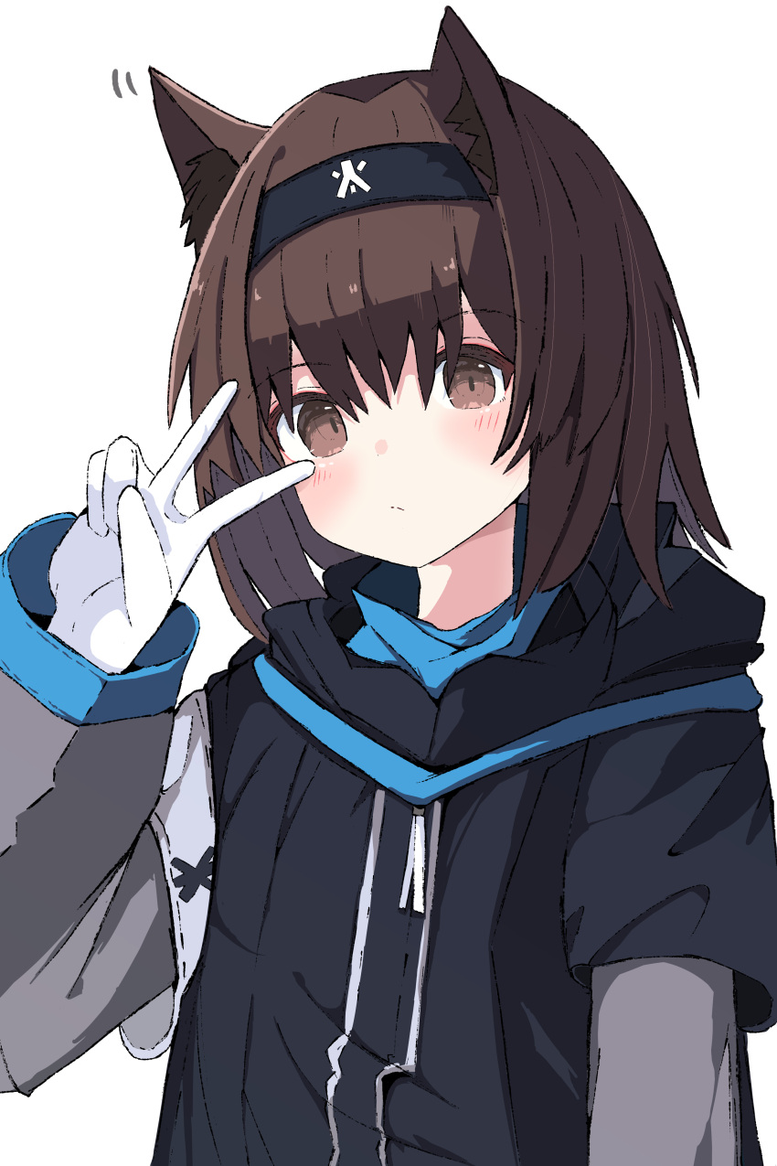 1girl absurdres animal_ears arknights black_hairband black_sweater blush brown_eyes brown_hair cat_ears extra gloves hairband hand_up highres layered_sleeves long_sleeves looking_at_viewer nui_(nuinui0300) rhodes_island_medic_(arknights) short_hair simple_background solo sweater upper_body v_over_eye white_background white_gloves