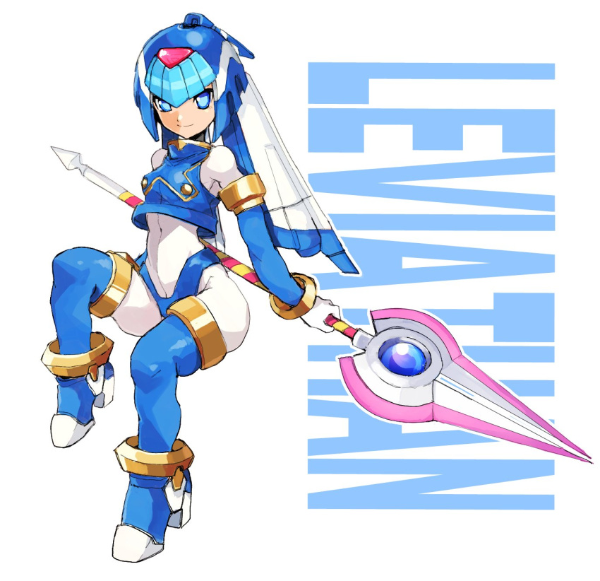 1girl android blue_eyes blue_hair bodysuit boots breasts character_name closed_mouth commentary covered_navel full_body gloves helmet high_heels highres holding holding_weapon invisible_chair leviathan_(mega_man) looking_at_viewer medium_breasts mega_man_(series) mega_man_zero polearm shimosuke sitting smile solo spear thigh_boots thighhighs weapon