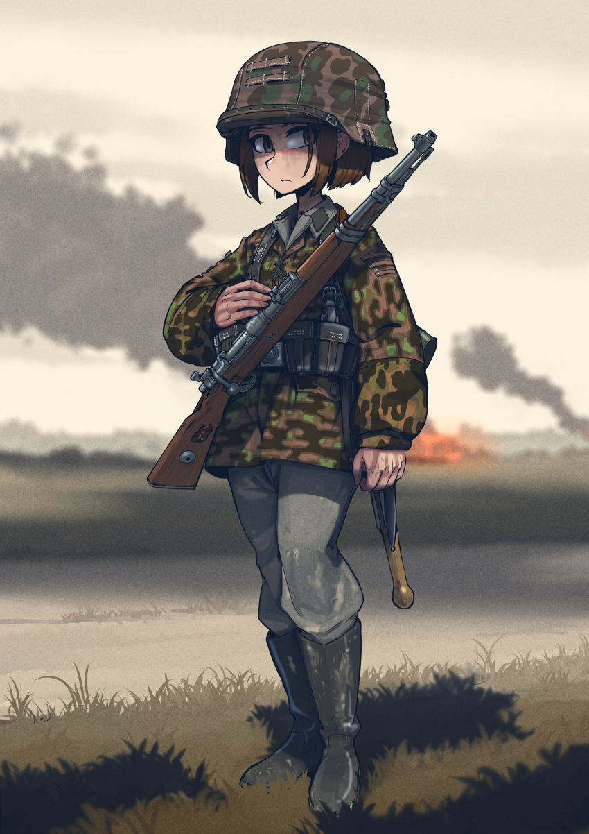 1girl absurdres battle_rifle bolt_action boots brown_hair burning camouflage camouflage_helmet camouflage_jacket cloud cloudy_sky commission erica_(naze1940) grass gun helmet highres jacket mauser_98 original rifle shaded_face sky smoke solo weapon weapon_request world_war_ii