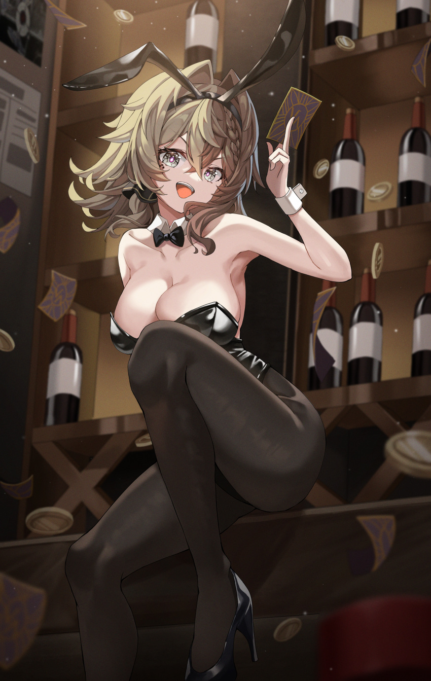 1girl :d absurdres animal_ears bangs bar_(place) bare_shoulders black_bow black_bowtie black_footwear black_leotard black_pantyhose bottle bow bowtie breasts brown_hair card cleavage coin fake_animal_ears grey_eyes headband high_heels highres holding holding_card honkai_(series) honkai_impact_3rd indoors kd_(kdh45689) leotard long_hair looking_at_viewer open_mouth pantyhose playboy_bunny rabbit_ears sitting smile solo strapless strapless_leotard vill-v wine_bottle wine_cellar wrist_cuffs